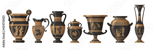Set of antique Greek amphoras, vases with patterns, decorations and life scenes. Ancient decorative pots isolated on white background, old clay jugs, ceramic pottery. Vector illustration