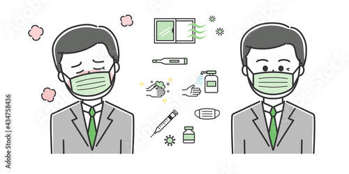 Office worker having a fever with countermeasures against covid-19. Vector illustration isolated on white background.