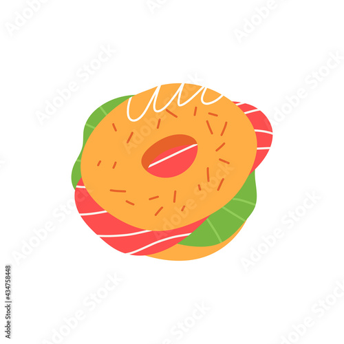 Delicious bagel sandwich with pink salmon and salad. Cute hand-drawn breakfast or lunch to go. Hand-drawn illustration.