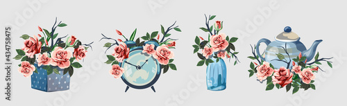 Set with various household items decorated with flowers. Cute little romantic pictures with flowers. Alarm clock, gift box, bottle, teapot. Beautiful pink roses.Isolated