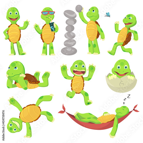 Set of happy young cartoon turtle in different poses. Fanny kid. T-shirt logo design