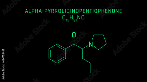 alphaPyrrolidinopentiophenone or prolintanone or desmethylpyrovalerone Molecular Structure Symbol Neon on black background