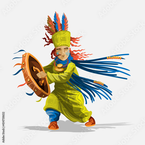 Shaman character in national clothes with a tambourine and amulets dancing a magical dance caster and magician. Chukchi, Indian. Authentic ritual vector Illustration