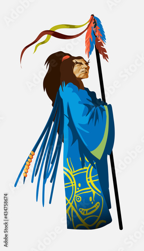 Shaman character in national blue clothes with long staff. Chukchi, Indian. Authentic ritual vector Illustration. The old Indian chief stands and looks into the distance. Isolated