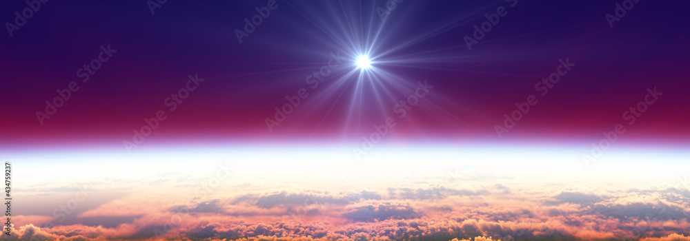 Earth sunrise from space over cloudy ocean. 3d rendering