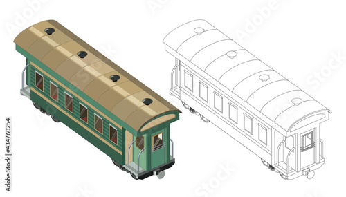 Vector coloring page with 3d model passenger Railway carriage. Isometric view. Vintage retro train graphic vector. Isolated. Coloring page and colorful train