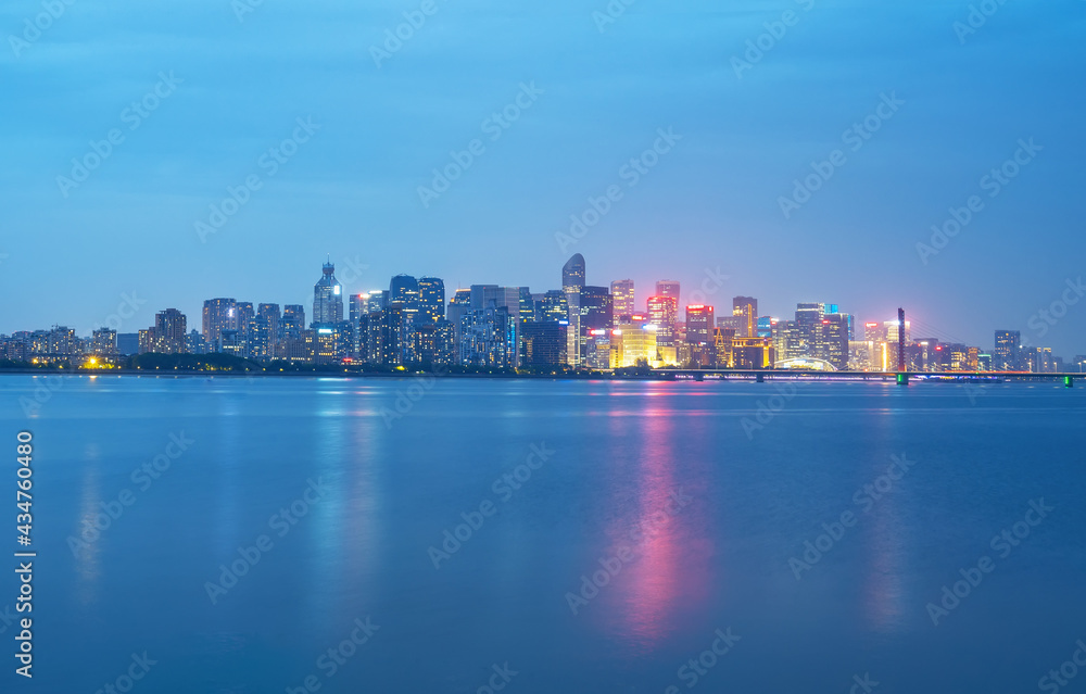 At night, the beautiful city skyline is in Hangzhou, China