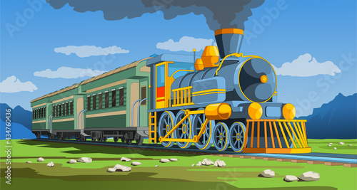 Vector coloful page with 3d model train and bright landscape. Beautiful vector illustration with train travel. Vintage retro train graphic vector photo