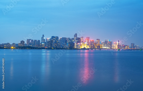 At night  the beautiful city skyline is in Hangzhou  China