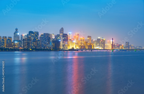 At night, the beautiful city skyline is in Hangzhou, China