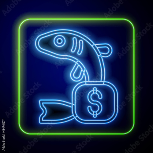 Glowing neon Price tag for fish icon isolated on blue background. Vector