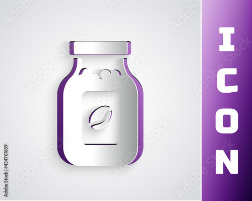 Paper cut Coffee jar bottle icon isolated on grey background. Paper art style. Vector