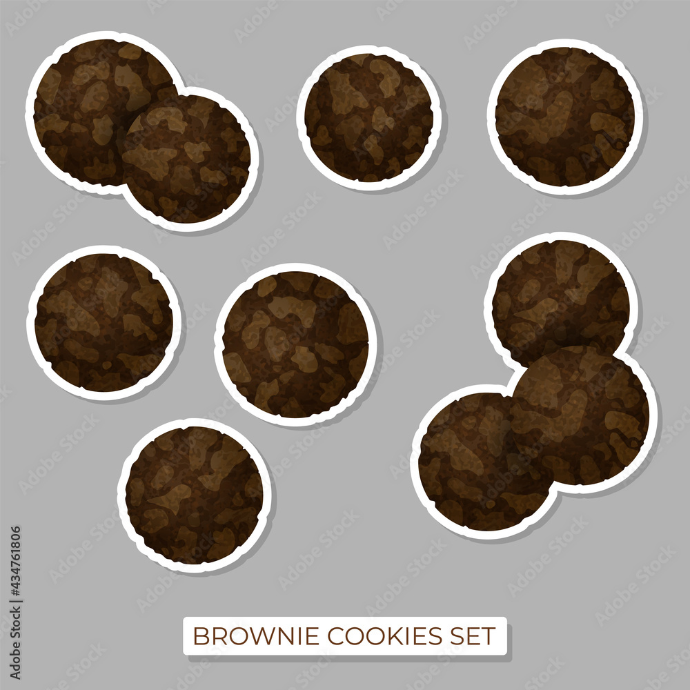 Set of stickers with chocolate cookies brownie and white borders. Vector illustration for postcard greeting card, banner, web, advertising, menu, articles. Set of stickers with chocolate cookies brownie and white borders. Vector illustration for postcard greeting card, banner, web, advertising, menu, articles.