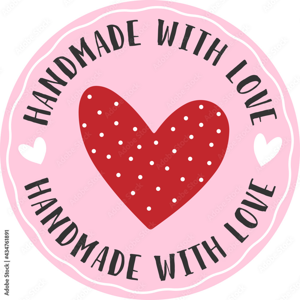 red and pink round HANDMADE WITH LOVE sticker or label vector illustration