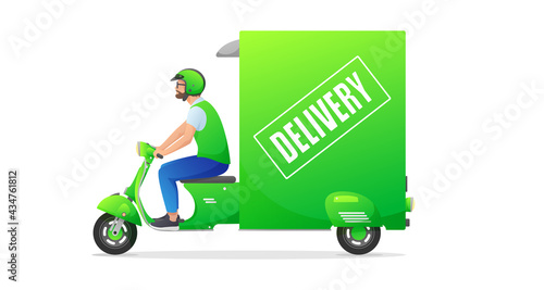 Green retro fast delivery car, truck with courier on white background. Free delivery. Vector illustration for design, flyer, poster, banner, web, advertising.