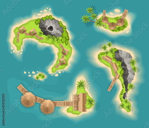 Top view islands with volcano. View from a height on a tropical island in the ocean. cartoon tropical paradise sea island shore. Good sunny day © the8monkey