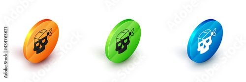 Isometric Pirate captain icon isolated on white background. Circle button. Vector