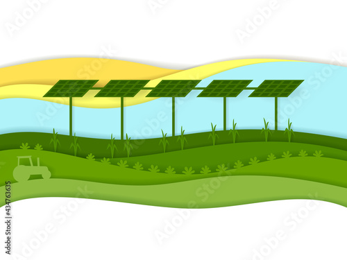 Solar panels over an agriculture field representing agrivoltaics. Paper layer style
