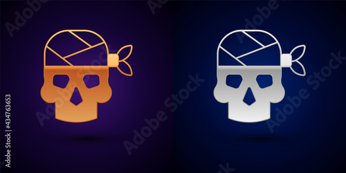 Gold and silver Pirate captain icon isolated on black background. Vector