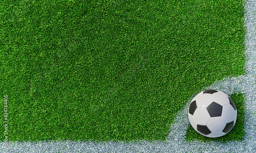Lawn or soccer field with thick, soft green grass. A standard patterned soccer ball placed for corner kicks. Top view Football field. Background or Wallpaper. 3D lawn. 3D Rendering. © Superrider