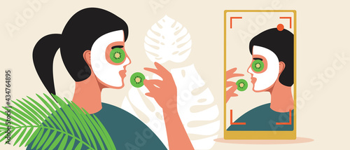 Profession blogger, woman online, Flat vector stock illustration with Beauty blogger shoots video, Blogging is a job