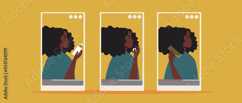 Progress video, beauty blogger, flat vector stock illustration with afro woman, curly hair care blog