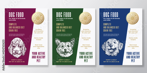 Pet Food Label Templates Set. Abstract Vector Packaging Design Layouts Collection. Typography Banners with Hand Drawn Retriever, Corgy and Beagle Dog Breeds Sketch Faces Background. Isolated