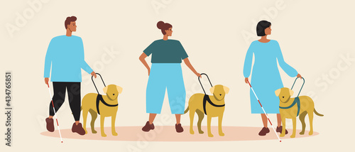 Guide dog, blind and visually impaired people, Flat vector stock illustration with Disabled people with lobrador dog as isolated illustration