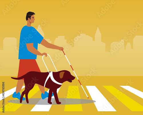 Guide dog, blind disabled person, flat vector stock illustration iti template with copy space with blind man pedestrian
