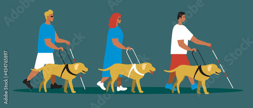 Guide dog, blind people isolated, flat vector stock illustration with a community of sluts with labradors as a guide for a disabled person