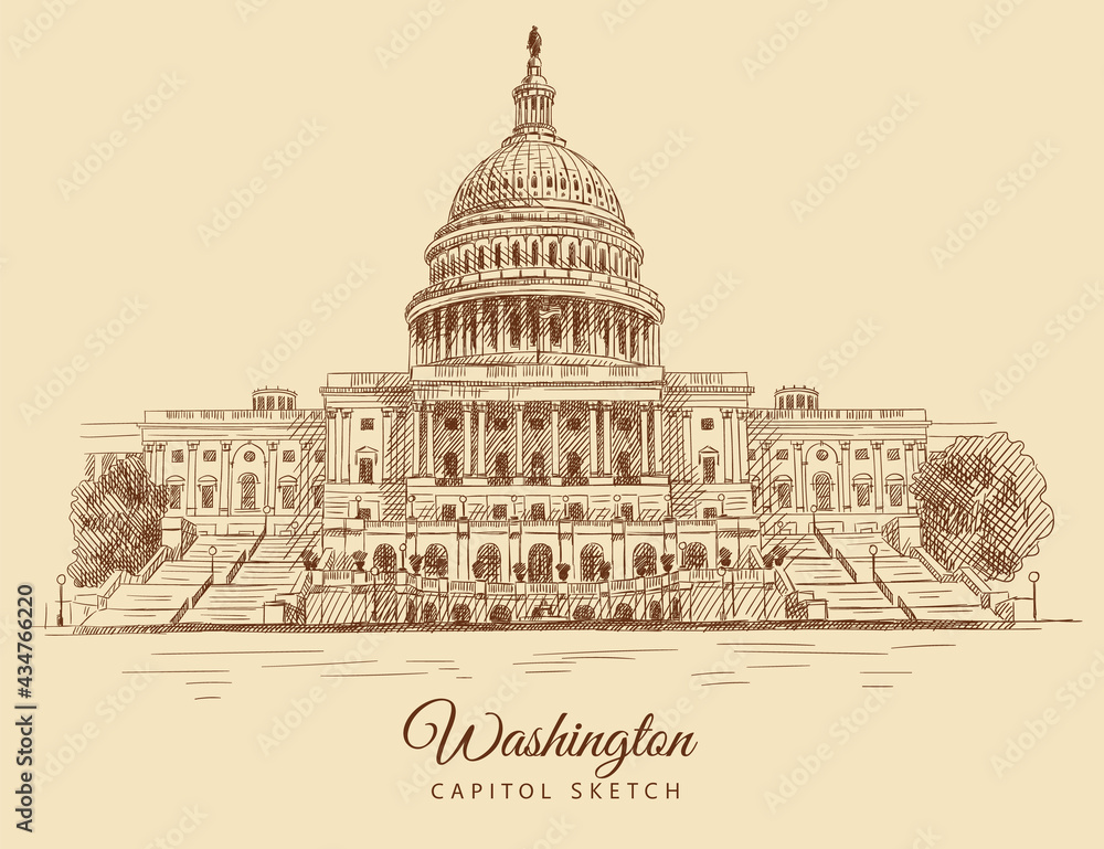 Sketch of Capitol building in Washington, USA, hand-drawn.