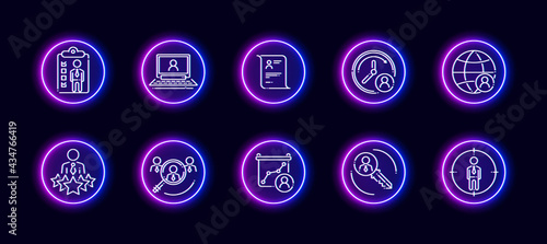 10 in 1 vector icons set related to human resources theme. Lineart vector icons in neon glow style