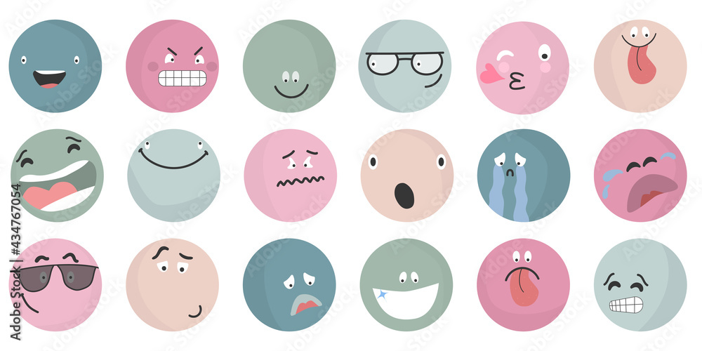Round abstract comic Faces with various Emotions. Different colorful characters. Emoticons set. Emoji faces emoticon smile, digital smiley expression emotion feelings, chat messenger cartoon emotes. Round abstract comic Faces with various Emotions. Different colorful characters. Emoticons set. Emoji faces emoticon smile, digital smiley expression emotion feelings, chat messenger cartoon emotes.