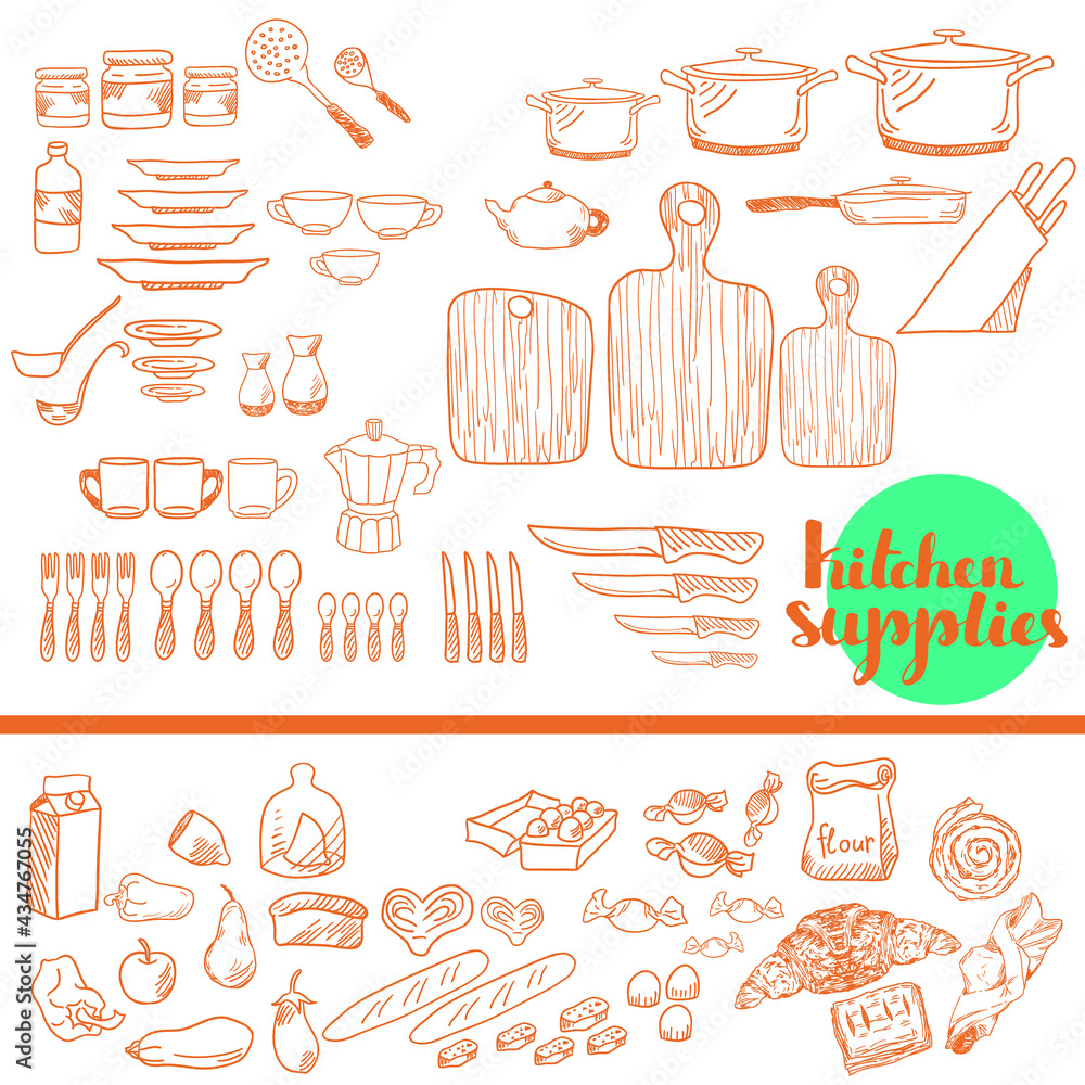 Hand drawn kitchen supplies and food, vector illustration