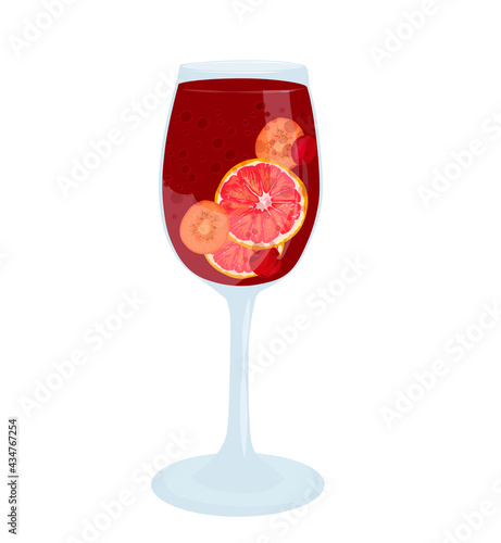 Glass of sangria vector stock illustration. Spanish summer drink made of fruit and wine. Wine glass on a leg for a restaurant or bar menu. Isolated on a white background