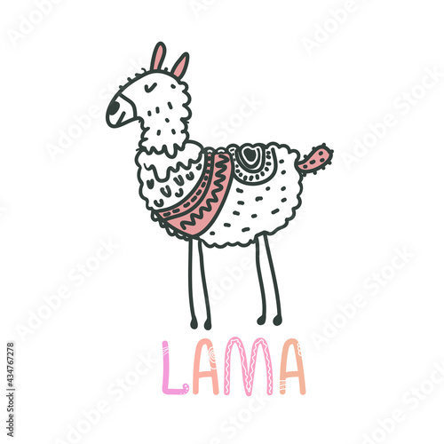 Cute nursery poster with lama in scandinavian style. Childish print for nursery  kids apparel  poster  postcard with hand lettering. scandi style doodle animal.