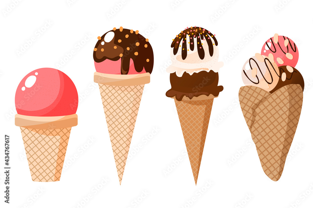 Collection of various multicolored ice cream.Popsicles and cones, decoration and colors. Summer Illustration Sweet Fast Food. For design, web, graphics. Vector illustration isolated.