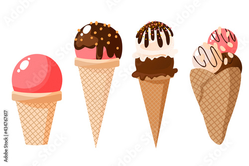 Collection of various multicolored ice cream.Popsicles and cones  decoration and colors. Summer Illustration Sweet Fast Food. For design  web  graphics. Vector illustration isolated.