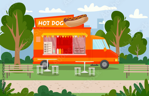 Fast food street hot dog bus. Food in the park in nature. Fast food business seller kiosk. Hot dog fast food shop street van city . For design, web, graphics and advertising. Vector illustration