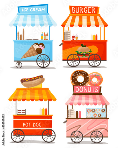 Set and different types of street food carts. Kiosk with ice cream, hot dogs, burgers and donuts. Vector illustration isolated on white background. For advertisements, leaflets, flyers, stickers, web.