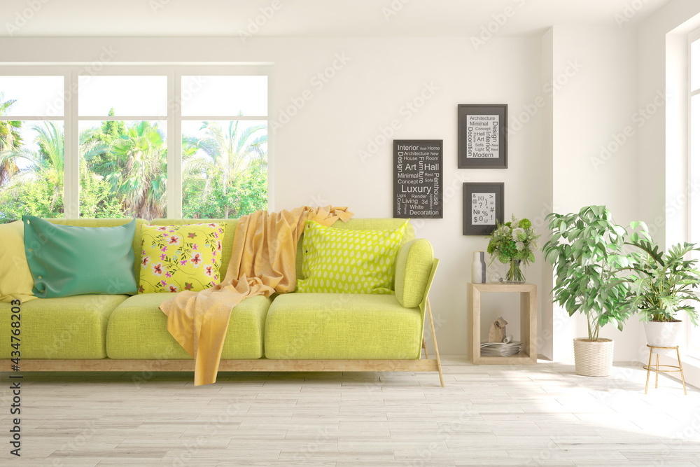 White living room with sofa and summer landscape in window. Scandinavian interior design. 3D illustration White living room with sofa and summer landscape in window. Scandinavian interior design. 3D illustration