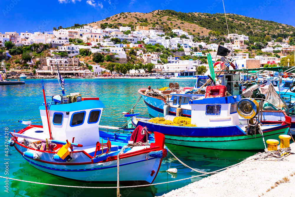 Traditional Greece - charming fishing village with colorful boats,Leros island in Dodecanese