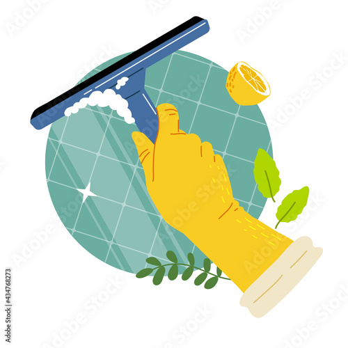 Hand in yellow gloves clean bathroom with squeegee.Clean with natural eco detergent,lemon,mint,soda.Vector illustration.