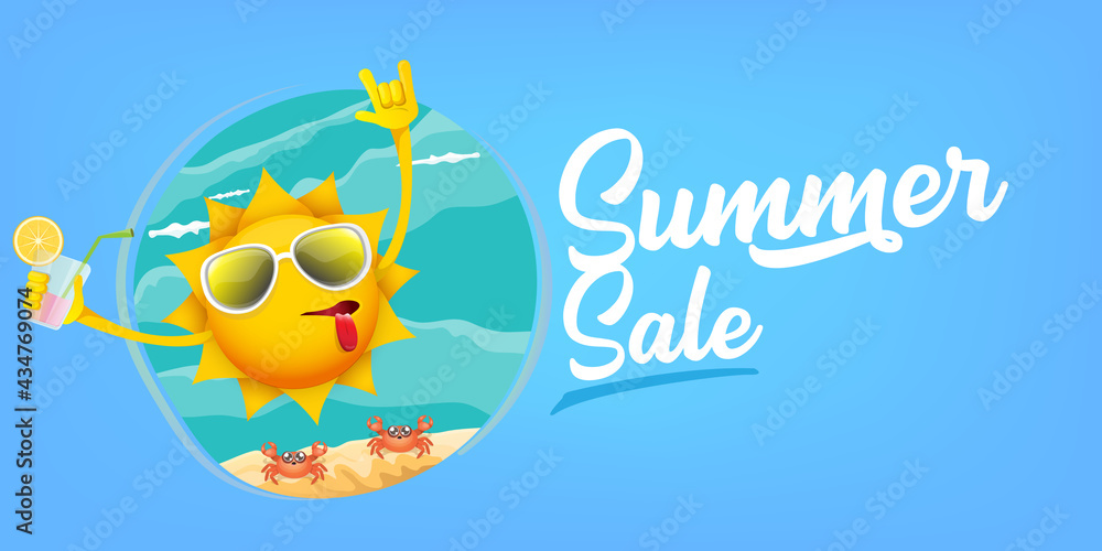 summer sale cartoon horizontal web banner or vector label with happy sun character wearing sunglasses and holding cocktail isolated on blue sky horizontal background summer sale cartoon horizontal web banner or vector label with happy sun character wearing sunglasses and holding cocktail isolated on blue sky horizontal background