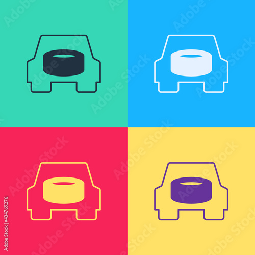 Pop art Spare wheel in the car icon isolated on color background. Process of replacing the wheel. Storage location of the spare wheel in the trunk. Vector