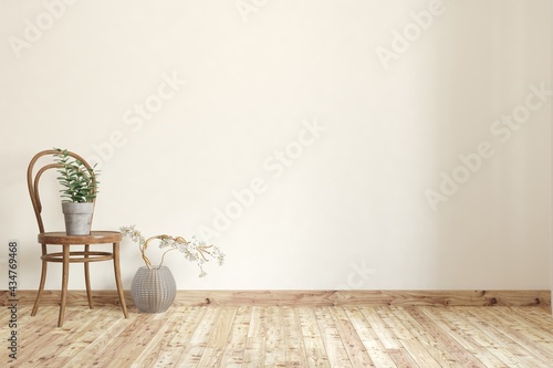 Wall mockup of white empty room with wintage chair and home plants. Scandinavian interior design. 3D illustration photo