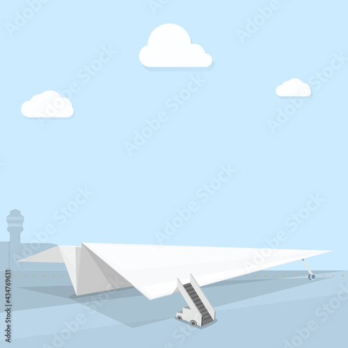 paper plane on airport runway, vector illustration