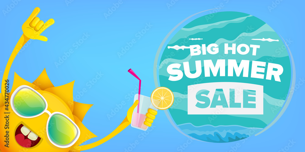 summer sale cartoon horizontal web banner or vector label with happy sun character wearing sunglasses and holding cocktail isolated on blue sky horizontal background
