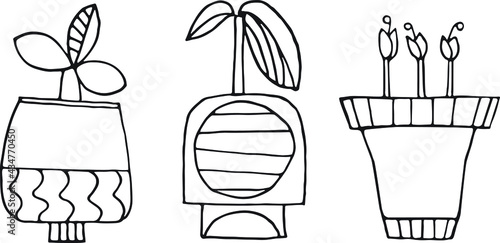 Flores, plantas e vasos. Desenho vectorial. Composição com três icons. 