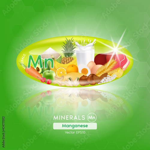 Green manganese mineral capsules. Benefits Healthy food of vitamins with mineral meat, milk, fruit and nuts. Medical and dietary supplement care concept. 3D Vector EPS10 illustration
